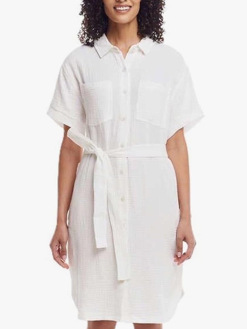Weatherproof Vintage Cotton Gauze Shirt Dress Cream Belted Button Front Pockets - Picture 3 of 11